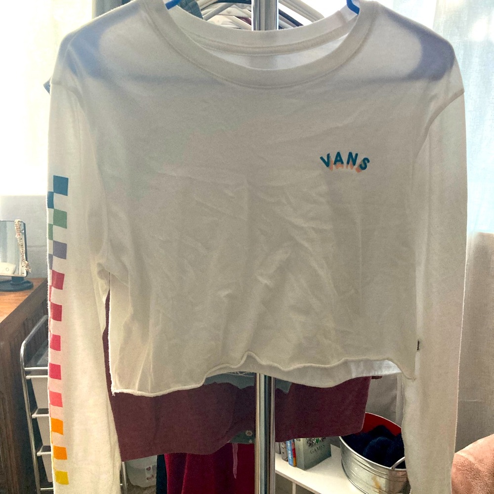 White cropped long sleeve vans shirt